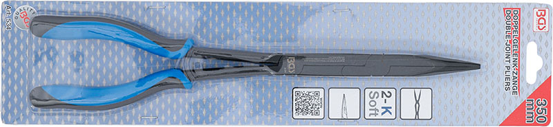 Pinza a doppio snodo con becchi mezzotondi dritti. Lunghezza 350 mm